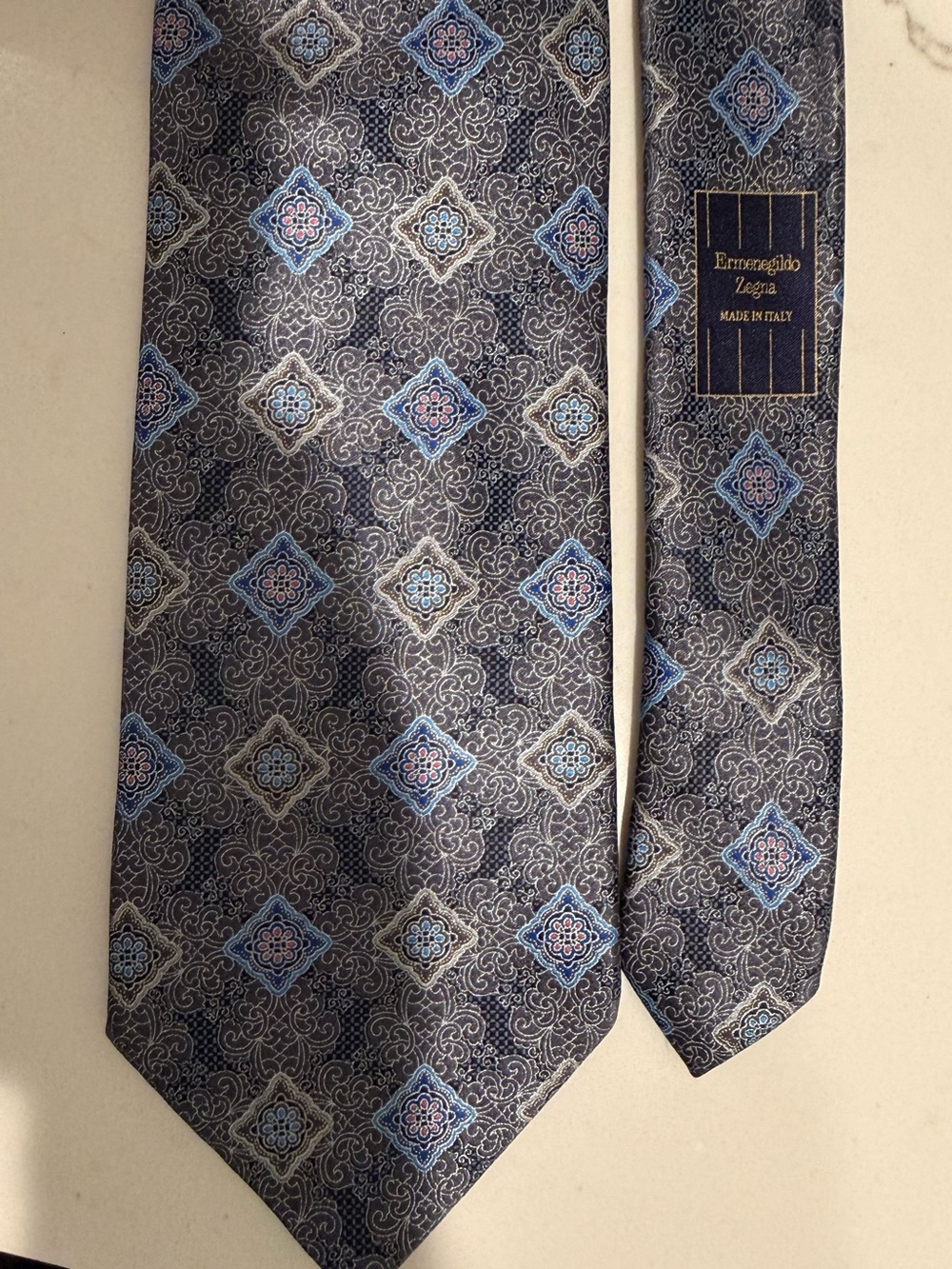 Ermenegildo Zegna Gray/Navy Silk Tie with Blue and Light Gray Medallions